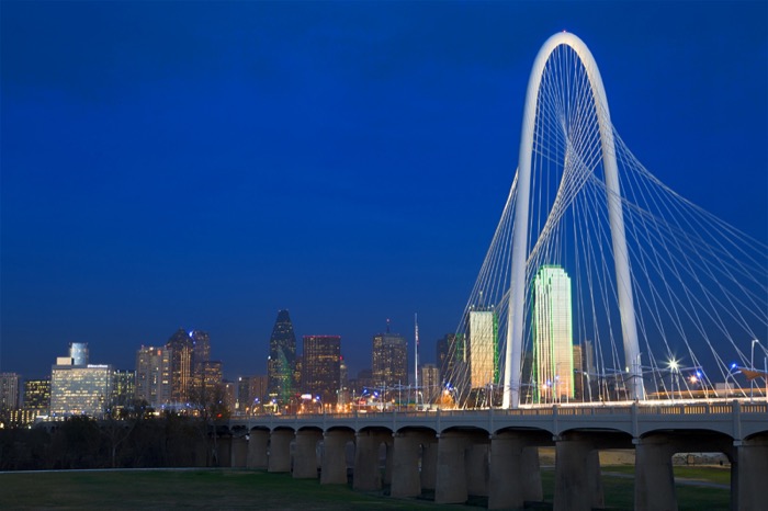 Dallas skyline with the Margaret Hunt Hill Bridge